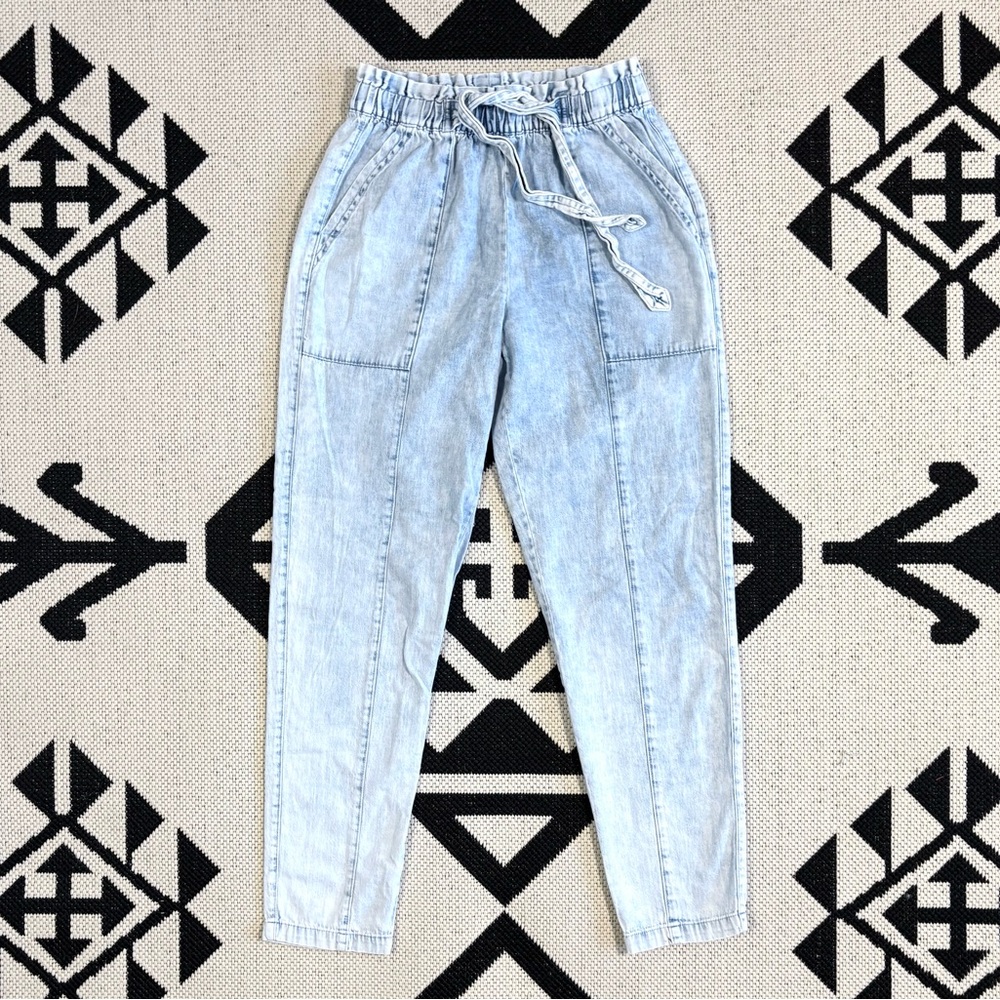 Aerie Chambray Acid Wash High Rise Tie Waist Pull On Denim Pants XS
